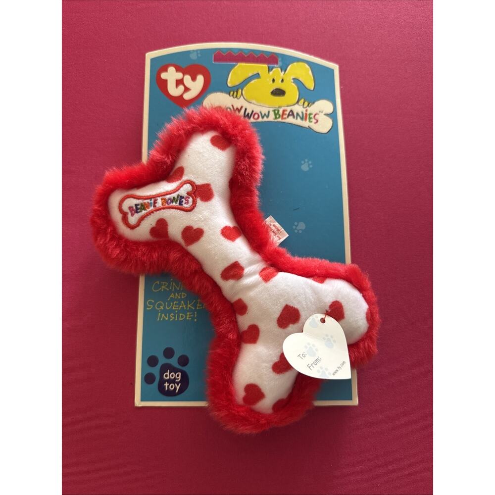 Ty Bow Wow Beanies HEARTS THE BONE Crinkle/Squeak Toy (6.5 Inch) NWT Retired